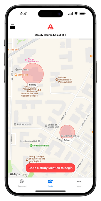 Greek Chapter mobile app showing study location circles on campus map