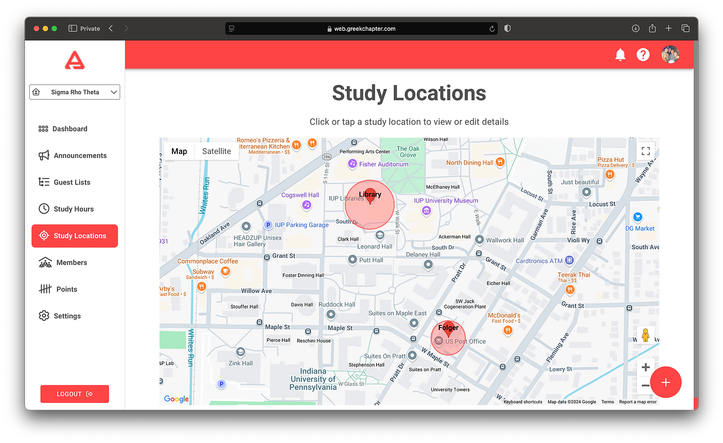 Greek Chapter web application Study Locations interface showing campus map with study circles